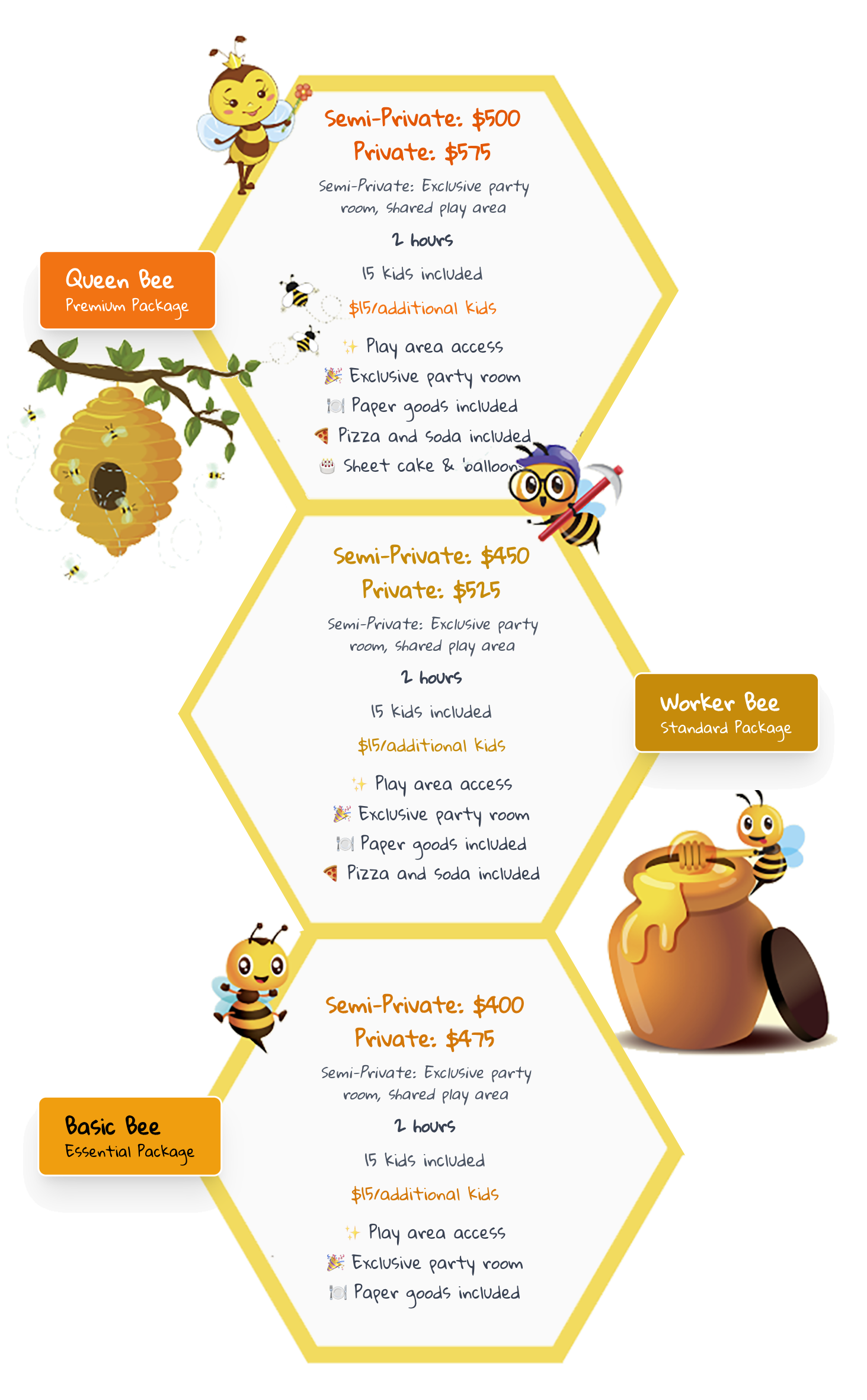 Party Package Options - Queen Bee, Worker Bee, Basic Bee